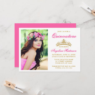 Invitation Elégante Gold Crown Photo Hot Rose Quinceanera