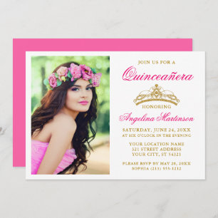 Invitation Elégante Gold Crown Photo Hot Rose Quinceanera