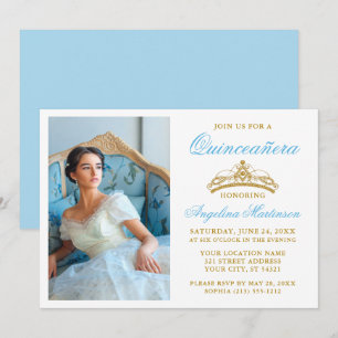 Invitation Elégante Gold Crown Photo Light Blue Quinceanera