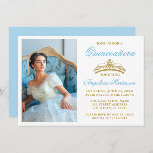 Invitation Elégante Gold Crown Photo Light Blue Quinceanera