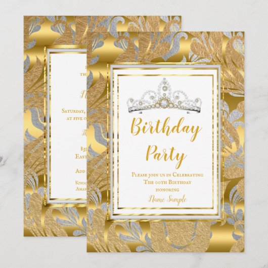 Invitation Elégante Gold Damask Grey Tiara fête d'anniversair (Devant / Derrière)