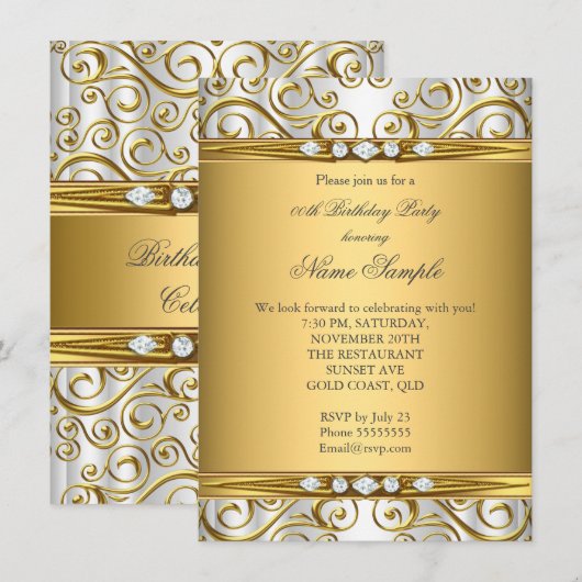 Invitation Elégante Gold Damask White Diamond Anniversaire Pa (Devant / Derrière)