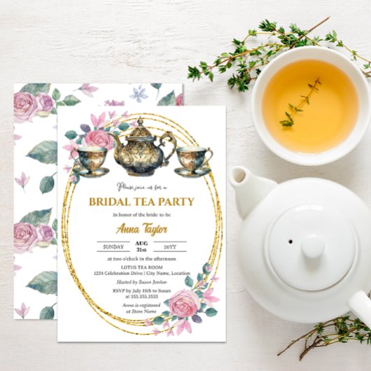 Invitation Elégante Gold et Floral Bridal Tea Party