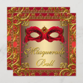 Invitation Elégante Gold et Red Masquerade Party (Devant / Derrière)