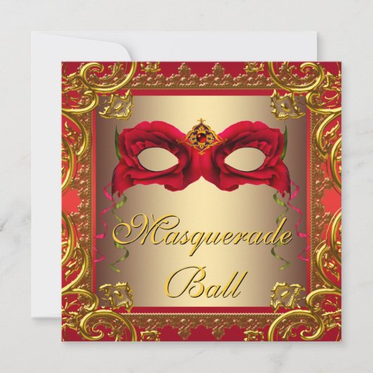 Invitation Elégante Gold et Red Masquerade Party (Devant)