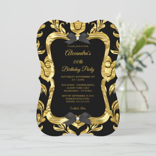 Invitation Elégante Gold Faux Foil Black Birthday Party (Debout devant)