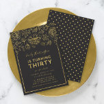 Invitation Elégante Gold Floral 30e fête d'anniversaire<br><div class="desc">Elégante invitation florale 30ème anniversaire de fête avec fausse feuille d'or floral et bordure contre un arrière - plan gris foncé sur le devant. L'invitation a un faux motif de pois dorés contre un arrière - plan gris foncé à l'arrière. Personnalisez cette invitation avec vos détails en remplaçant le texte...</div>