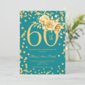 Invitation Elégante Gold Floral 60e fête d'anniversaire Turqu (Debout devant)