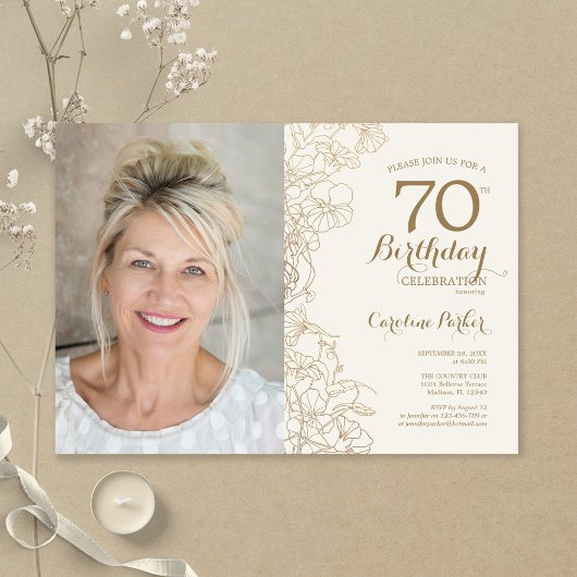 Invitation Elégante Gold Floral Photo 70e anniversaire