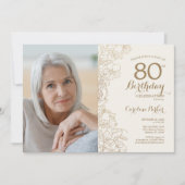 Invitation Elégante Gold Floral Photo 80e anniversaire (Devant)