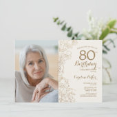 Invitation Elégante Gold Floral Photo 80e anniversaire (Debout devant)