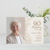 Invitation Elégante Gold Floral Photo 90e anniversaire (Debout devant)