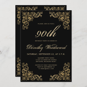 Invitation Elégante Gold Frame Black Birthday Party