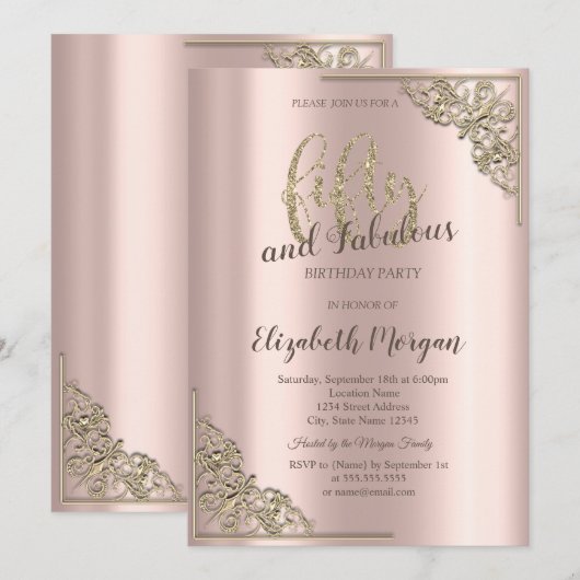 Invitation Elégante Gold Frame Rose Gold Gold 50e fête d'anni (Devant / Derrière)