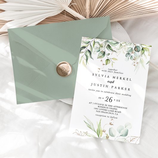 Invitation Élégante Gold Green Calligraphie Mariage Décontrac