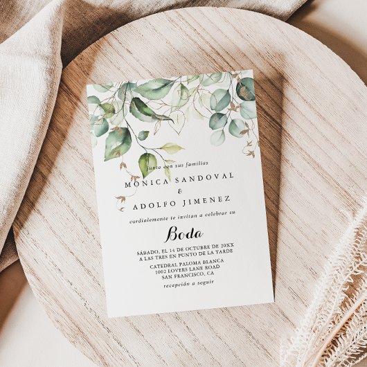 Invitation Élégante Gold Green Calligraphie Mariage espagnol