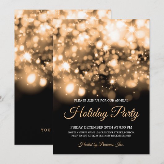 Invitation Elégante Gold Lights Corporate Holiday Party (Devant / Derrière)