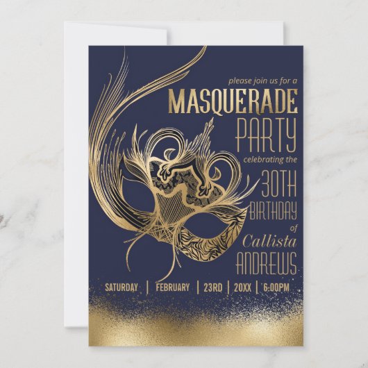 Invitation Elégante Gold Navy Masquerade Masque fête d'annive (Devant)