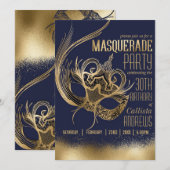 Invitation Elégante Gold Navy Masquerade Masque fête d'annive (Devant / Derrière)