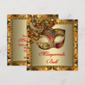 Invitation Elégante Gold Orange Red Masquerade Party (Devant / Derrière)