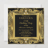 Invitation Elégante Gold Photo Anniversaire Fête Black Damask (Devant)