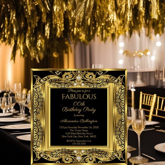 Invitation Elégante Gold Photo Anniversaire Fête Black Damask