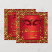 Invitation Elégante Gold Red Mask Red Masquerade Party (Devant / Derrière)
