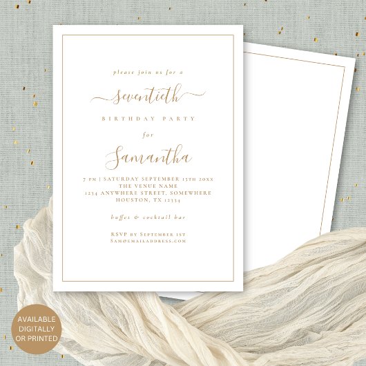 Invitation Elégante Gold Script Bordure 70e fête d'anniversai