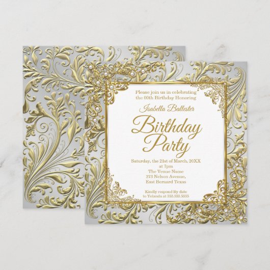 Invitation Elégante Gold Silver White Pearl fête d'anniversai (Devant / Derrière)