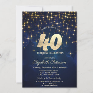 Invitation Elégante Gold Stars Marine Blue 40e anniversaire f