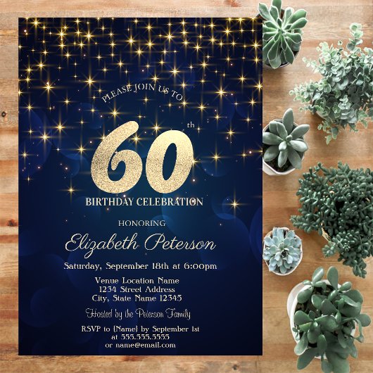 Invitation Elégante Gold Stars Marine Blue 60e fête d'anniver