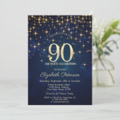 Invitation Elégante Gold Stars Marine Blue 90e anniversaire f (Debout devant)