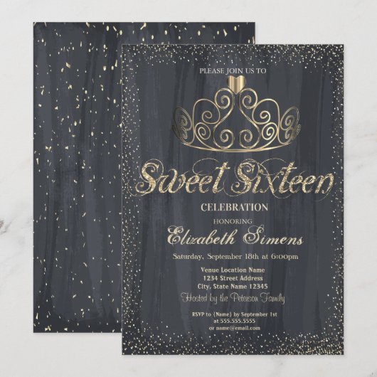 Invitation Elégante Gold Tiara Confetti Princess Sweet 16 (Devant / Derrière)