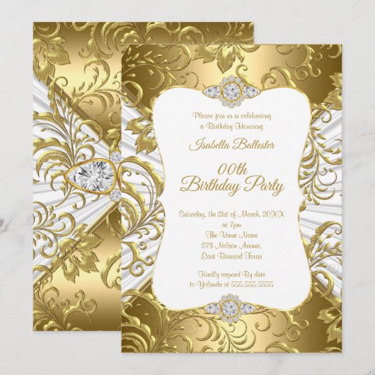 Invitation Elégante Gold White Damask floral fête d'anniversa (Devant / Derrière)