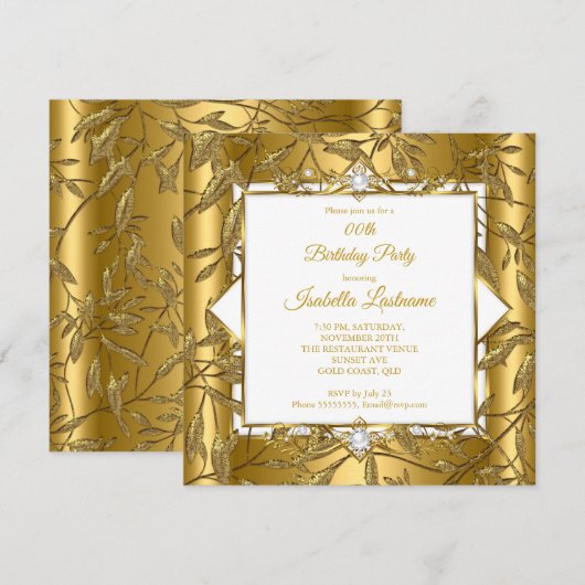 Invitation Elégante Gold White Damask Pearl fête d'anniversai (Devant / Derrière)