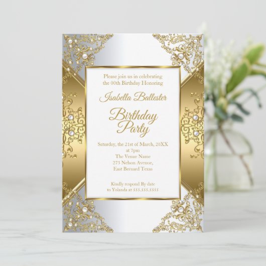 Invitation Elégante Gold White Pearl Argent fête d'anniversai (Debout devant)