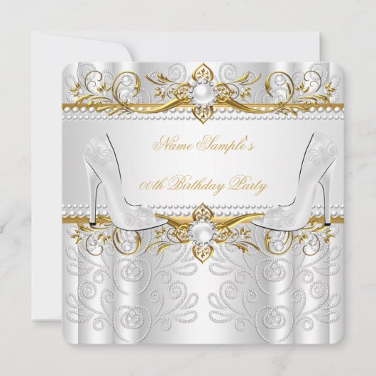 Invitation Elégante Gold White Pearl Diamond High Heels Party (Devant)