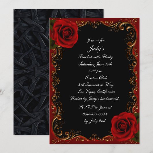 Invitation Élégante Goth Red Roses Bachelorette Party (Devant / Derrière)