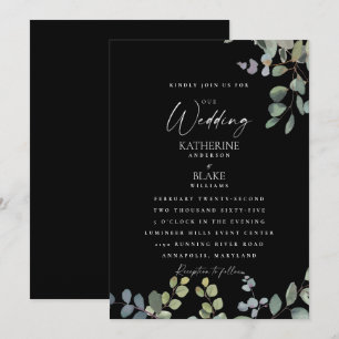 Invitation Élégante Grâce Mariage Tout en Noir Eucalyptus