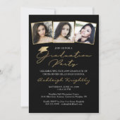 Invitation Élégante graduation 3 Photos Black Gold Script Cas (Devant)