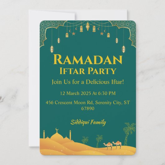 Invitation Elégante Green Gold Ramadan Iftar Party (Devant)