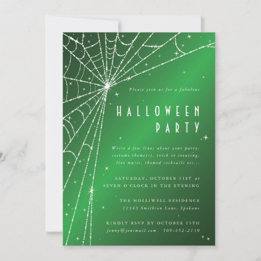 Invitation Elégante Green Sparkling Spider Web Halloween Part (Devant)