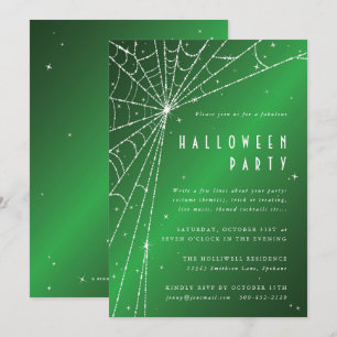 Invitation Elégante Green Sparkling Spider Web Halloween Part