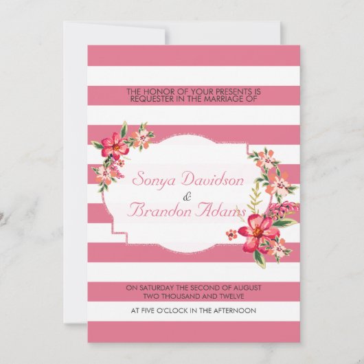 Invitation Elégante Grille Rose & Blanc Avec Mariage Bouquet (Devant)