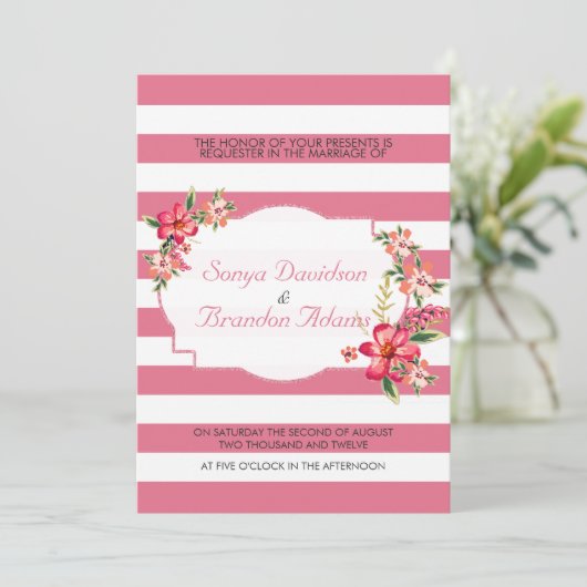 Invitation Elégante Grille Rose & Blanc Avec Mariage Bouquet (Debout devant)