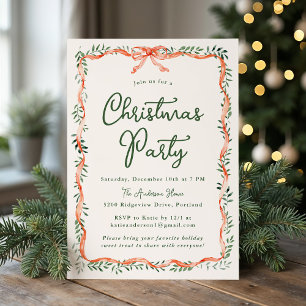 Invitation Élégante guirlande ruban rouge crème fête de Noël