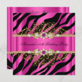 Invitation Elégante Hot Pink Gold Black Zebra fête d'annivers (Devant / Derrière)