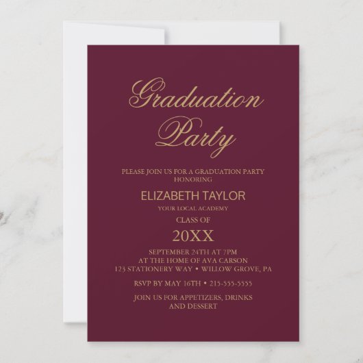 Invitation Élégante huile d'or | Burgundy Graduation Party (Devant)