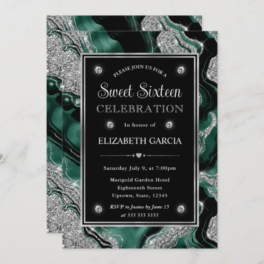 Invitation Élégante huile verte et Parties scintillant argent (Devant / Derrière)