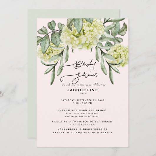 Invitation Elégante Hydrangea Blush & Mint Fête des mariées (Devant / Derrière)